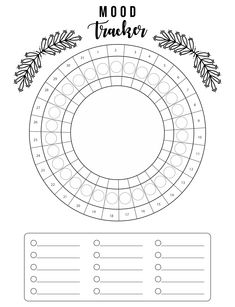 a printable mood tracker with the words mood tracker in black and white, surrounded by leaves