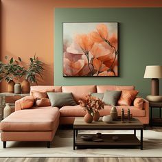 a living room with an orange couch, coffee table and potted plants in the corner