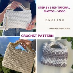 the crochet purse pattern is shown in three different pictures and includes instructions to make it