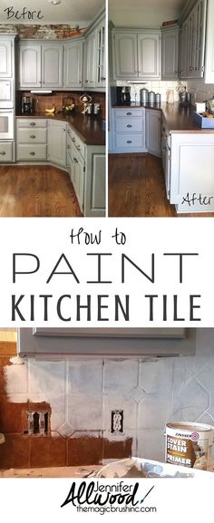 how to paint kitchen tile with white cabinets and wood flooring in the background is an image