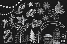 a chalkboard drawing of christmas decorations and trees