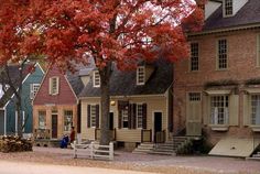 a row of houses with red leaves on the trees in front of them and people walking down the street