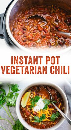 instant pot vegetarian chili in a white bowl