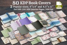 an assortment of different kinds of book covers on a wooden background with text that reads 80 kdp book covers 2 popular sizes, 6'9 and 8'x 11 '