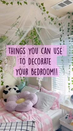 there is a bed with pink sheets and pillows in the room that says things you can use to decorate your bedroom