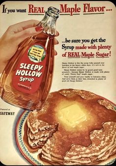 an advertisement for maple syrup on a plate with pancakes