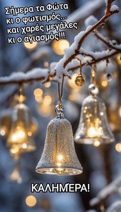 two bells hanging from a tree with snow on it and the words kahimpa written in russian