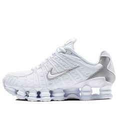 Nike Womens WMNS Shox TL 'White Silver' White/Metallic Silver-Max Orange Marathon Running Shoes/Sneakers Nike Shox Tl, High Air Force 1, Basket Nike, Veja Sneakers, Baskets Nike, Adidas Adilette, Adidas Spezial, Adidas Campus, Nike Shox