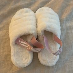 White Fluffy Slippers With Pink Elastic Strap That Says Bride In Pink Flexible Sizing With The Back Strap Fits Up To A Size 8.5 Never Worn White Fluffy Slippers, Slippers Aesthetic, Bride Slippers, Fluffy Slippers, Pink House, Pink Houses, House Slippers, Back Strap, Hair And Nails