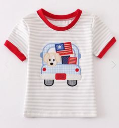 Toddler boy applique patriotic shirt. This short sleeve  tee features fun summer design. Perfect for 4th of July & all the summer patriotic holidays! 95% cotton & 5% spandex  Hand Wash Matching baby boy romper available. Summer Americana Style Short Sleeve T-shirt, Patriotic American Flag Print T-shirt For Summer, Independence Day Cotton Short Sleeve T-shirt, Fun Cotton Shirt For Independence Day, Fun Independence Day Cotton Shirt, Playful Crew Neck T-shirt For 4th Of July, Playful T-shirt For 4th Of July With Crew Neck, Patriotic Short Sleeve T-shirt For Summer, Fun Short Sleeve Independence Day Shirt