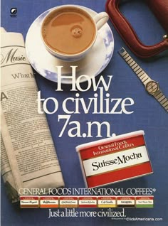 a magazine cover with a cup of coffee and other items