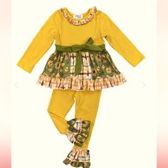 Yellow And Green Ruffled 2 Piece Fall Outfit. Super Cute!! Yellow Long Sleeve Sets For Fall, Playful Yellow Long Sleeve Sets, Yellow Cotton Fall Set, Casual Yellow Ruffled Sets, Playful Yellow Fitted Sets, Playful Fitted Yellow Sets, Fitted Yellow Playful Sets, Fall Baby Outfits, Yellow And Olive Green