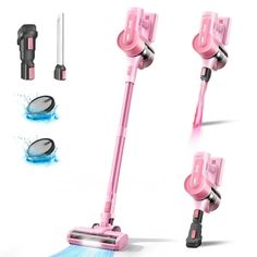 three different views of a pink vacuum cleaner with blue water coming out of the top