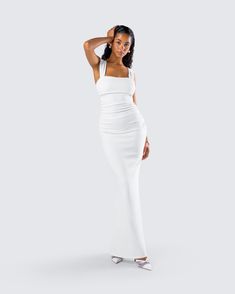 Give them a little taste of heaven in this white maxi dress 🤍 Perfect for any occasion where you want to be the chicest and most angelic in the room, this dress is made from jersey fabric and complete with wide straps, a built-in bralette, a cinched back panel, and a mermaid shaped skirt ✨ Maxi Dress Bodycon, Jersey Maxi Dress, White Maxi Dress, Black Off Shoulder, Maxi Jersey Dress, Dress Bodycon, Graphic Top, White Maxi, White Jersey