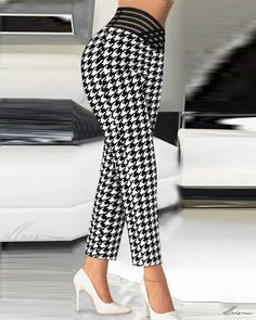 Elluis - Houndstooth Print Overlap Waist Work Pants Business Casual Tapered Leg Houndstooth Pants, Fall Houndstooth Trousers, Tapered Leg Houndstooth Bottoms For Business Casual, Tapered Leg Houndstooth Pattern Bottoms For Business Casual, Business Casual Houndstooth Tapered Leg Bottoms, Fall Houndstooth Straight Pants, Fall Houndstooth Pattern Straight Bottoms, Stretch Houndstooth Bottoms For Fall, Stretch Houndstooth Pants For Work