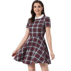 This dress is the perfect way to dress for every occasion! Featuring a Peter Pan-inspired contrast collar, a plaid print graphic, and short puff sleeves. A contrast doll collar adds sweet cuteness to this plaid dress. A contrasting Peter Pan collar adds a touch of classic preppy style to this plaid dress. This preppy style with normal sleeves is the perfect look for every occasion! Soft fabric ensures all-day comfort. It's the perfect choice for weekends, vacations, and everyday wear. Add a litt Holographic Dress, Long Sleeve Plaid Dress, Vintage Floral Shirt, Peter Pan Dress, Big Bags Fashion, Pink Velvet Dress, Doll Collar, Collared Shirt Dress, Floral Shirt Dress