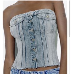 Brand New Light Blue Denim Corset Strapless Top From Zara. Size Medium (15” From Pit To Pit) Blue Denim Sleeveless Tube Top, Denim Blue Bandeau Tube Top, Denim Blue Bandeau Tube Top For Summer, Casual Denim Blue Bandeau Tube Top, Chic Denim Blue Tube Top For Spring, Summer Denim Blue Bandeau Tube Top, Chic Denim Blue Tube Top For Summer, Fitted Denim Bandeau Top, Blue Denim Tube Top