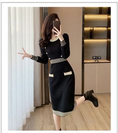 CN: GuangdongFit Type: SlimElasticity: Medium StretchOrigin: Mainland ChinaGender: WOMENMaterial: AcrylicStyle: Office LadySilhouette: PencilPattern Type: SolidSleeve Length(cm): FullDecoration: NONEDresses Length: Mid-CalfSleeve Style: RegularWaistline: Natural FactorsNeckline: O-NeckSeason: Autumn/WinterModel Number: 27Place Of Origin: China (Mainland)Age: MIDDLE AGEType: RegularFabric Type: KnittingProfile Type: XClosure Type: PulloverRelease Date: Winter 2023Material Composition: Synthetic f Black Long Sleeve Midi Dress For Office, Black Bodycon Office Dress, Black Knee-length Bodycon Office Dress, Black Midi Dress For Winter Workwear, Black Midi Dress For Workwear In Winter, Black Winter Dress For Office Lady, Winter Black Office Lady Dress, Black Midi Dress For Work In Winter, Black Office Lady Dress For Winter