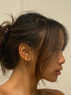 Lowkey Curtain Bangs, Double Buns Low, Face Framing Layers Hair Up, Hair Up With Face Framing, Thick Hair Inspiration, Curtain Bangs To The Chin, Wispy Curtain Bangs Ponytail, French Braid With Curtain Bangs, Bangs With Low Bun