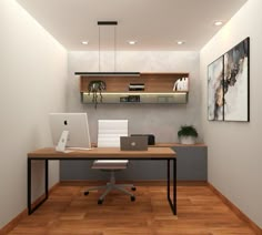 a computer desk with a laptop on top of it in front of a wall mounted shelf