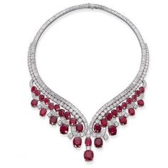 METAL SPECIFICATIONS Metal Name: White Gold 14K STONE SPECIFICATIONS Stone Name: RUBY/DIAMOND Stone Cut : Cushion, Baguette, and Round cut Stone Specifications: There are total rubies approx. 39.00 carats & approx. 20.00 carats of smaller round diamonds on the side. Natural earth mined stones. Total Stone Weight : approx. 59.00 carats Color : Red/G Clarity : AAA/SI NECKLACE SPECIFICATIONS Length : 16” (Can change length, please indicate about change with payment) Appraised Value : $126500.00 Com Harry Winston Jewelry, Ruby Diamond Necklace, Ruby And Diamond Necklace, Harry Winston, Ruby Necklace, Ruby Jewelry, Van Cleef, Gorgeous Jewelry, Diamond Pendant Necklace