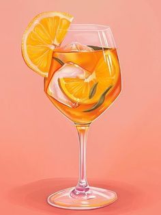 a painting of an orange drink in a wine glass with ice and garnishes