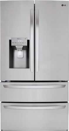 a stainless steel refrigerator freezer with water dispenser and ice maker on the door