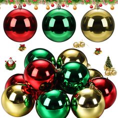 a bunch of shiny christmas ornaments on a white background with red, green and gold balls