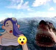 an animated image of a woman in the water with a shark's mouth open