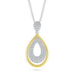 This double teardrop pendant necklace would make a timeless addition to any jewelry collection. Crafted in sterling silver and 10k yellow gold, this pendant features a teardrop shape adorned with round diamonds and another teardrop of polished gold. The diamonds are 1/3ctw, I in color, and I2 in clarity. The pendant measures 25mm in length and 12.4mm in width and comes suspended from an 18 inch sterling silver box chain with a lobster clasp. Classic Teardrop Drop Necklace With Diamond Accents, Teardrop Anniversary Drop Necklace In Fine Jewelry Style, Teardrop Fine Jewelry Drop Necklace For Anniversary, Fine Jewelry Teardrop Drop Necklace For Anniversary, White Gold Teardrop Pendant Drop Necklace, Diamond White Teardrop Pendant Necklace For Anniversary, Anniversary Necklace With Diamond Accents In Teardrop Shape, Anniversary Teardrop Necklace With Diamond Accents, Gold Teardrop Pendant Diamond Necklace