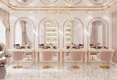 an elegant dining room with pink chairs and chandelier in the center, along with marble flooring