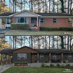 before and after pictures of a home in the suburbs, with landscaping on both sides