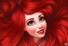 a digital painting of a red haired girl with long hair and blue eyes, looking into the distance