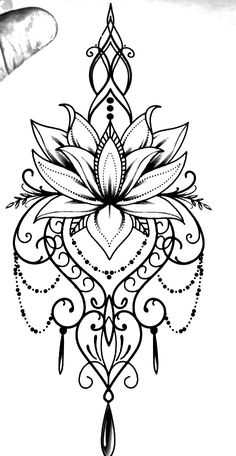 a black and white drawing of a lotus flower on a white paper with an ornate design