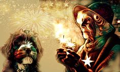 an old man holding a sparkler next to a small dog wearing a hat and coat