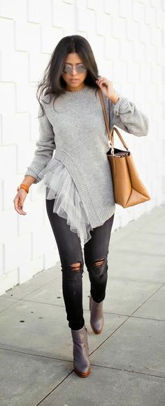 Faux Tulle Frill Sweater , Ripped Denim , Grey Heeled Boots Asymmetrical Sweater, Jeans Outfit Casual, Denim Ideas, Raincoats For Women, Leather Pieces, Ripped Denim, Casual Sweaters, Winter Fashion Outfits