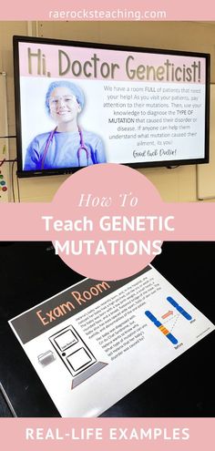 a sign that says how to teach genetic mutations next to an exam room poster