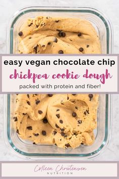 easy vegan chocolate chip chickpea cookie dough in a glass dish with text overlay