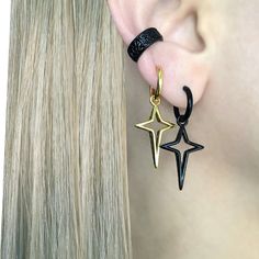 Made with attention to detail, these Star hoop earrings are perfect for both men and women. Sold as pair Material : 316 Stainless steel Hoop inner diameter: 10mm Star size: 28mm long / 16mm wide Listing for pair of hoops only Celtic Star, Earrings Mens, Star Hoop Earrings, Earrings Star, 3d Star, Gothic Earrings, Celtic Design, Magical Jewelry, Earrings Hoop