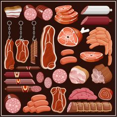 an illustration of meats and sausages on a brown background