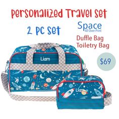 two piece travel set with space print duffle bag and toiletry bag $ 69