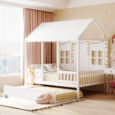 a child's bedroom with a white doll house bed