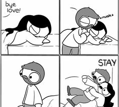 comic strip with two people in bed and one is being hugged by the other person