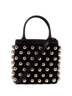 black gold-tone stud embellishment debossed logo to the front circular top handles detachable shoulder strap internal zip-fastening pocket main compartment Mini Bucket Bag, Mini Bucket Bags, Mini Bucket, Chanel 2, Mini Tote, Ballet Flat Shoes, Mini Bag, Bucket Bag, Leather Bag