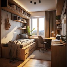 a bedroom with a bed, desk and bookshelf next to a large window