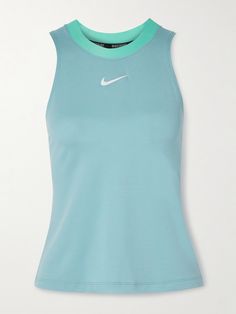 Nike's tank is designed in the brand's 'Denim Turquoise' with a contrasting mint stripe along the neckline. Cut from moisture-wicking Dri-FIT, it has a slim fit and back cutouts for ventilation. A subtle white 'Swoosh' at the chest makes it instantly recognizable. Green Athleisure Tennis Top, Green Athleisure Top For Tennis, Sporty Blue Tennis Tops, Blue Sporty Tops For Tennis, Sporty Fitted Light Blue Tank Top, Light Blue Fitted Sporty Tank Top, Fitted Tank Top For Tennis, Nike Green Go-dry Tops, Sporty Fitted Tank Top For Tennis