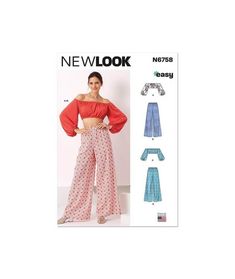 New Look Easy Misses' Cropped Top and Pull-on Pants Sewing Pattern Kit, Design Code N6758, Sizes XS-S-M-L-XL, Multicolor New Look Tops, Sewing Pattern Shop, Pants Sewing Pattern, Fun Pants, Easy To Sew, Pattern Brands, Gathered Sleeves