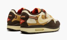 The Travis Scott x Nike Air Max 1 “Baroque Brown” is a limited edition collaboration between the hip-hop superstar and Nike that modifies the iconic retro running shoe with rugged, outdoors-inspired details.  One of two colorways of the Air Max 1 co-designed by Travis Scott and Nike in December 2021, the “Baroque Brown” does away with the tonal look that defines the “Saturn Gold” edition of Scott’s Air Max 1, and instead favors multiple earth tones.  The upper features a Lemon Drop-colored mesh Rapper Travis Scott, Retro Running Shoes, Travis Scott Cactus Jack, Jackie Brown, Nike Swoosh Logo, Cactus Jack, Nike Air Max 1, Nike Acg, Lemon Drop