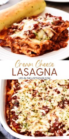 lasagna with cheese and sauce in a casserole dish on a white plate