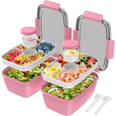 three plastic containers filled with different types of food next to utensils and spoons